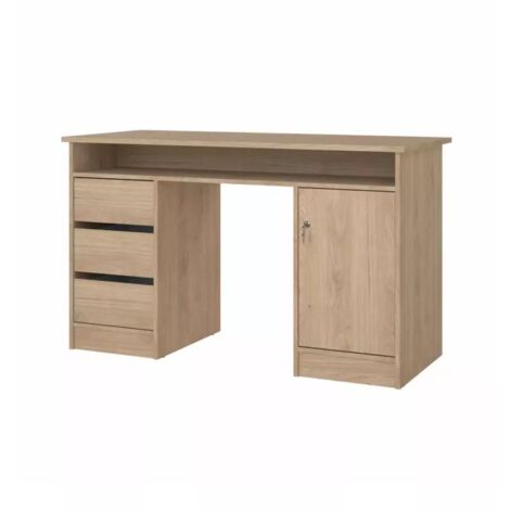 scrivania con anta e 3 cassetti in truciolato colore quercia, 126x55x75,6 cm