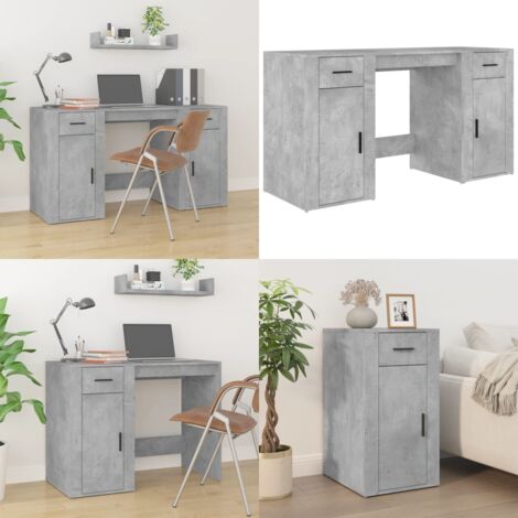 Scrivania con Armadietto Grigio Cemento in Legno Multistrato - Armadietto per ufficio - Scrivania in legno multistrato