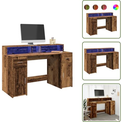 Scrivania con cassetti - vidaXL Scrivania con Luci LED Legno Antico 140x55x91 cm in Multistrato - Scrivania con spazio portaoggetti