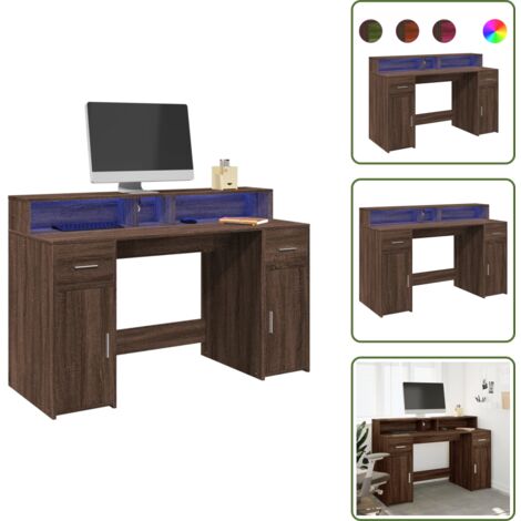 Scrivania con cassetti - vidaXL Scrivania con Luci LED Marrone Rovere 140x55x91 cm Multistrato - Scrivania con spazio portaoggetti