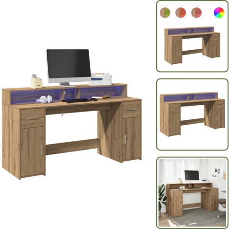 Scrivania con cassetti - vidaXL Scrivania con Luci LED Rovere 160x55x91 cm in Legno Multistrato - Scrivania con spazio di conservazione