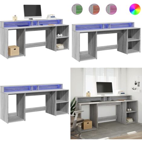 Scrivania con Luci LED Grigio Sonoma 200x55x91cm in Truciolato - Scrivania in truciolato - Luci RGB