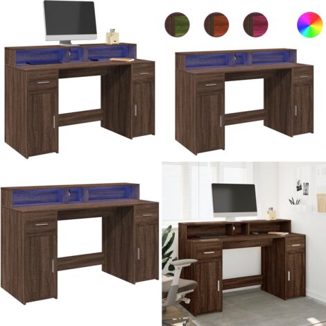 Scrivania con Luci LED Marrone Rovere 140x55x91 cm Multistrato - Scrivania multistrato - Scrivania con illuminazione RGB