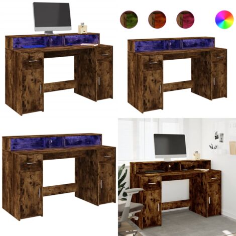 Scrivania con Luci LED Rovere Fumo 140x55x91 cm in Multistrato - Scrivania in truciolato - Luci RGB
