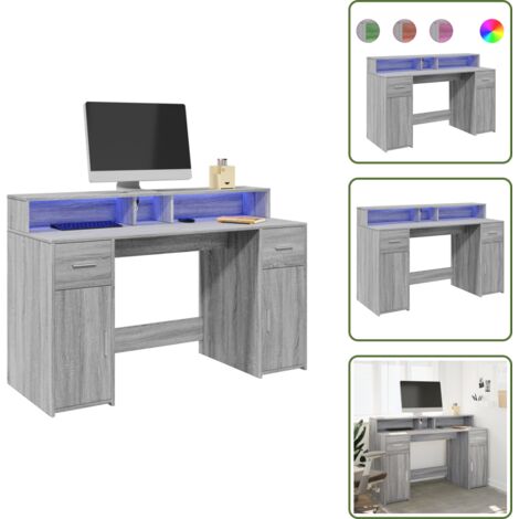 Scrivania con scomparti - vidaXL Scrivania con Luci LED Grigio Sonoma 140x55x91cm in Multistrato - Scrivania con cassetti