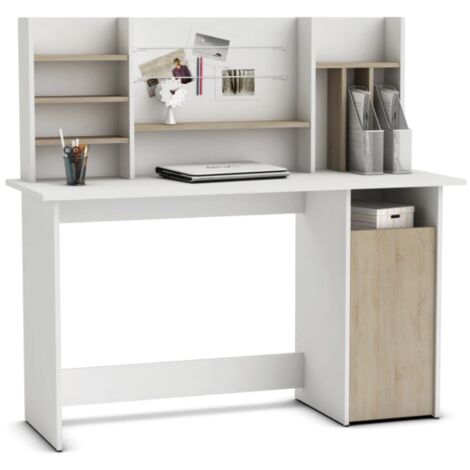 scrivania con testata di riponimento  "ambre" colore bianco e quercia, 135x50x74 cm