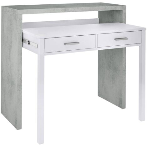 Scrivania consolle estensibile con due cassetti, colore cemento e bianco opaco, Misure 98 x 87 x 36 cm (estensibile fino a 66 cm)