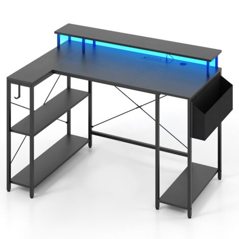 Scrivania da gaming a forma di L con luci LED e stazione di ricarica, Scrivania per computer con ripiani Nero