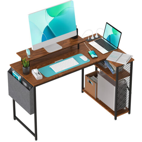 Scrivania da gioco angolare a L (120x70x75 cm) con ripiano per monitor, presa di corrente e porta USB, finitura in legno marrone，scrivania da ufficio
