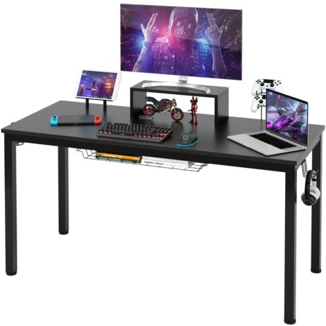 Scrivania da gioco con mensola per monitor portabicchieri gancio per cuffie cestino portaoggetti, Tavolo largo