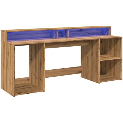 Scrivania da ufficio postazione di lavoro mobile per computer scrivania da studio con luci a LED rovere lavorato a mano legno marrone ingegnerizzato 020023414