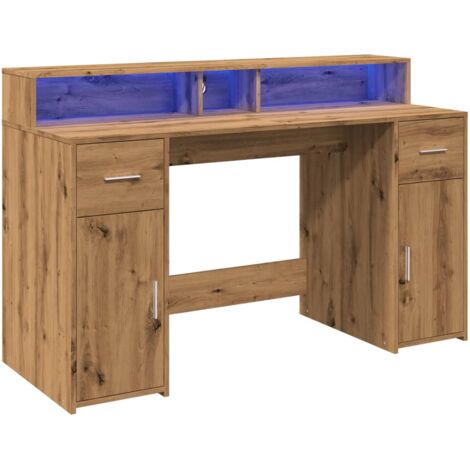 Scrivania da ufficio postazione di lavoro mobile per computer scrivania da studio con luci a LED rovere lavorato a mano legno marrone ingegnerizzato 020023417
