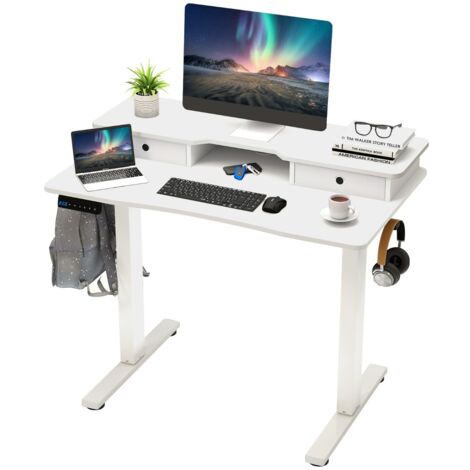 Scrivania elettrica regolabile in altezza con 2 cassetti, Scrivania con supporto per monitor 100 x 60 cm Bianco