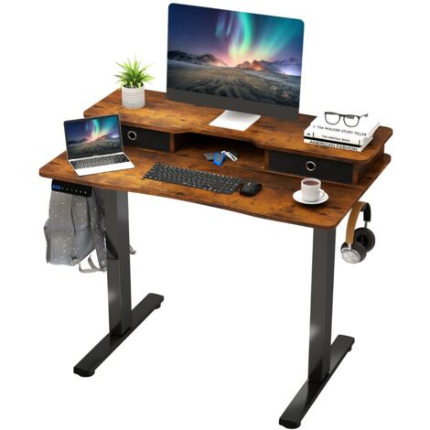 Scrivania elettrica regolabile in altezza con 2 cassetti, Scrivania con supporto per monitor 100 x 60 cm Marrone