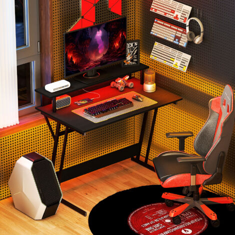 Scrivania Gaming con Luci LED e Supporto per Monitor, 100x60 cm Tavolo Gaming per Computer da 32 Pollici, Scrivania PC con USB, TYPE C e Telecomando per Ufficio, Studio e Casa, Nero