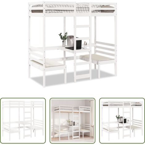 Scrivania -  Giroletto Soppalco con Scrivania e Sedie Bianco 75x190cm Pino