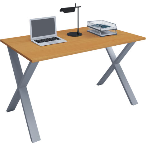 Scrivania in legno VCM  A. 76 x L. 140 x P. 50 cm  Tavolino per computer  Piedi in metallo di alta qualità  Tavolo da lavoro  Mobili per ufficio - Lona X (Argento / Faggio)