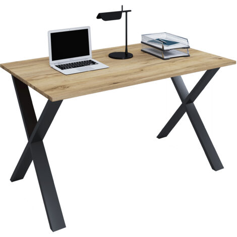 Scrivania in legno VCM  A. 76 x L. 140 x P. 50 cm  Tavolo per computer semplice  Piedi in metallo di alta qualità  Tavolo da lavoro  Mobili per ufficio - Lona X (nero / quercia miele)