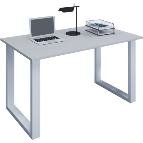 Scrivania in legno VCM  A. 76 x L. 140 x P. 80 cm  Tavolino per computer  Piedi in metallo di alta qualità  Tavolo da lavoro  Mobili per ufficio - Lona U (Bianco / Grigio)