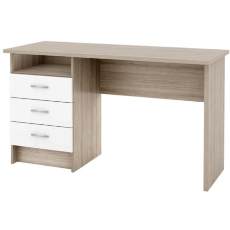 Scrivania in mdf effetto quercia con tre cassetti bianchi, 72x48x120 cm
