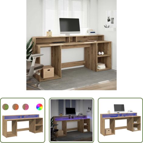 Scrivania in truciolato -  Scrivania con LED Rovere Artigianale 200x55x91 cm in Truciolato
