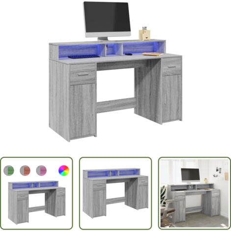 Scrivania in truciolato -  Scrivania con Luci LED Grigio Sonoma 140x55x91cm in Multistrato