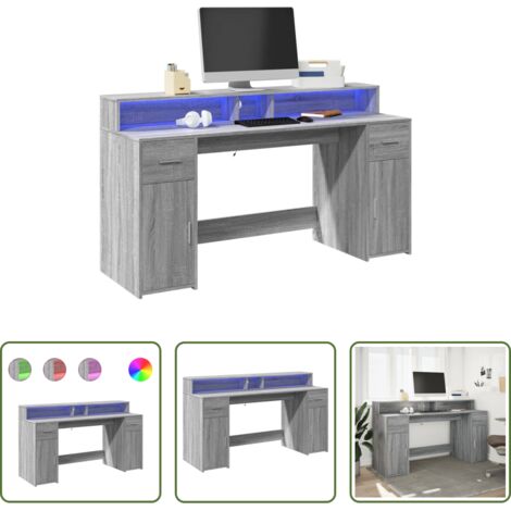 Scrivania in truciolato -  Scrivania con Luci LED Grigio Sonoma 160x55x91cm in Multistrato