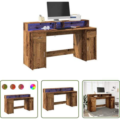Scrivania in truciolato -  Scrivania con Luci LED Legno Antico 160x55x91 cm in Multistrato