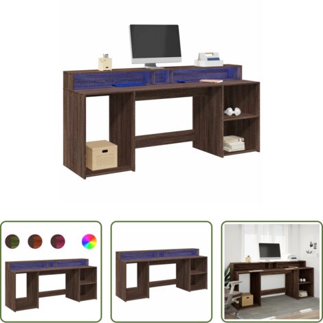 Scrivania in truciolato -  Scrivania con Luci LED Marrone Rovere 200x55x91 cm Truciolato