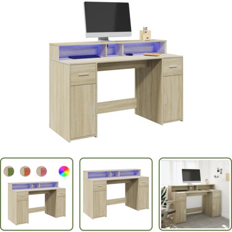 Scrivania in truciolato -  Scrivania con Luci LED Rovere Sonoma 140x55x91cm in Multistrato