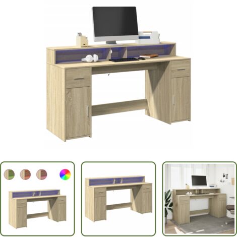 Scrivania in truciolato -  Scrivania con Luci LED Rovere Sonoma 160x55x91cm in Multistrato