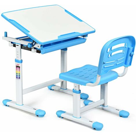 Scrivania Inclinabile con Sedia per Bambini, con Altezza Regolabile (Blu)
