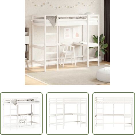 Scrivania -  Letto Soppalco con Scrivania Bianco 90x190 cm Massello Pino