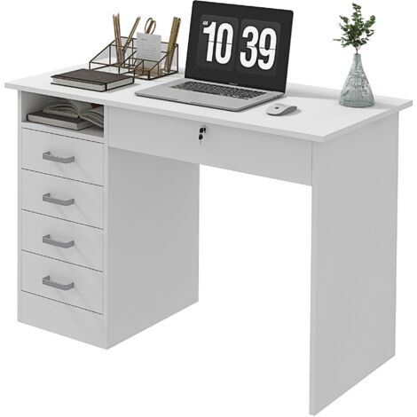 Scrivania Moderna 5 Cassetti con Serratura e 2 Chiavi 110x50x76 cm in Truciolato Bianco