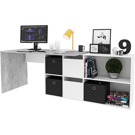 Scrivania Multiposizione con Scompartimenti Murcia Scrittoio Mobile per Computer Desk da Ufficio Soggiorno Sala da Pranzo 136 x 74 x 66 cm Colore Bianco Lucido E Grigio Cemento