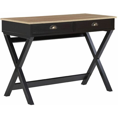 Scrivania Nera e Legno Chiaro Cassetti Gambe Incrociate 103 x 50 cm Ekart - Nero
