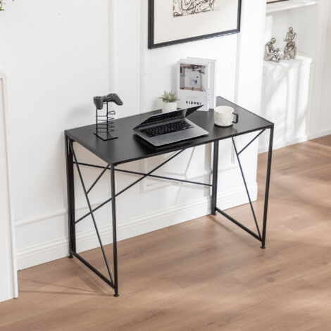 Scrivania nera, realizzata in MDF e metallo, ampio piano multiuso per computer e lavoro, 99×50×75cm
