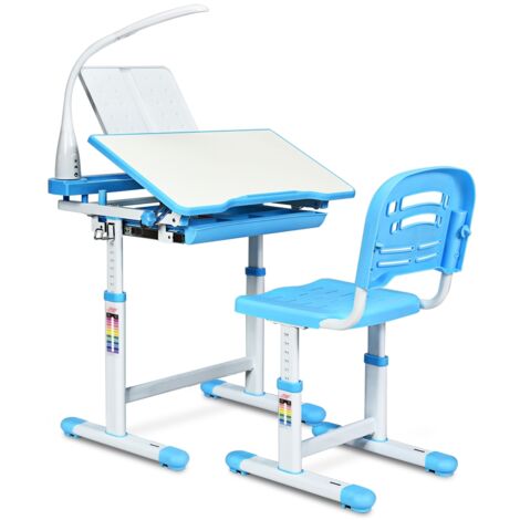 Scrivania per bambini altezza regolabile 54-76cm Set tavolo e sedie bimbi inclinabile con lampada, Blu