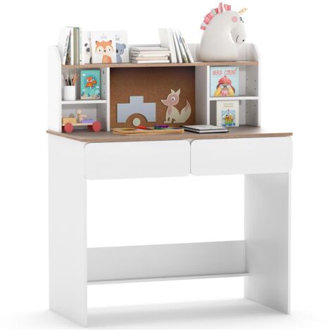Scrivania per bambini con bacheca in sughero, stazione di ricarica, ripiani regolabili e 2 cassetti, 90 x 48 x 109 cm, bianco