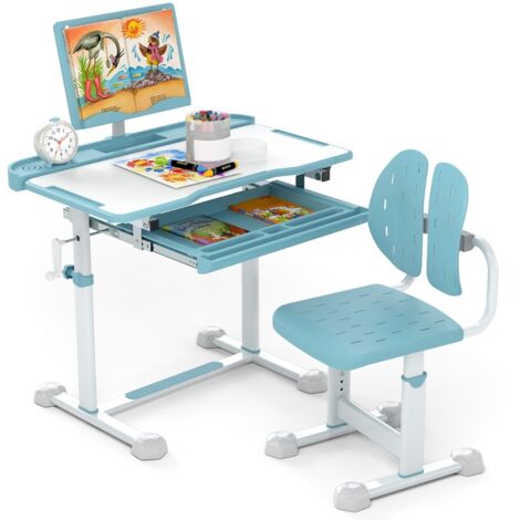Scrivania per bambini con piano inclinabile sedia ergonomica, Set di scrivania e sedia regolabile in altezza Blu