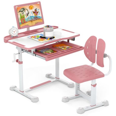 Scrivania per bambini con piano inclinabile sedia ergonomica, Set di scrivania e sedia regolabile in altezza Rosa