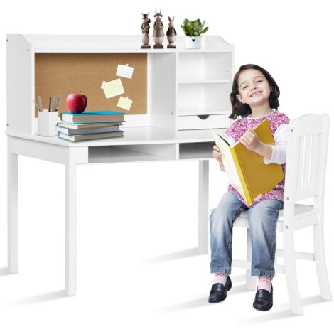 Scrivania per bambini con sedia mensola bacheca in sughero da letto, Set scrivania e sedia per bambini postazione di lavoro Bianco