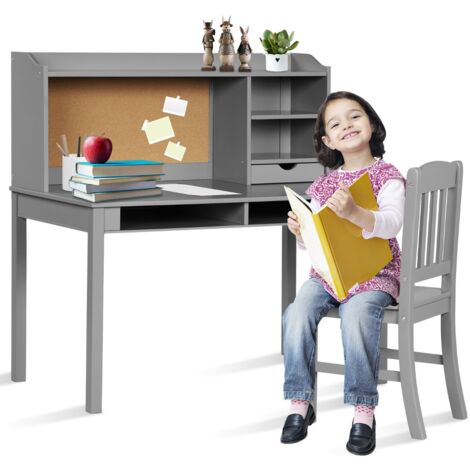 Scrivania per bambini con sedia mensola bacheca in sughero da letto, Set scrivania e sedia per bambini postazione di lavoro Grigio