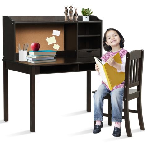 Scrivania per bambini con sedia mensola bacheca in sughero da letto, Set scrivania e sedia per bambini postazione di lavoro Marrone