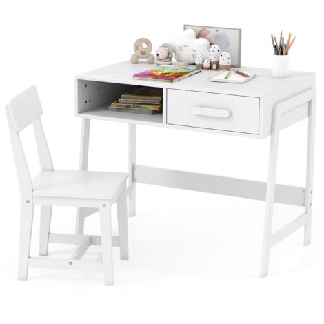 Scrivania per bambini con sedia, set tavolo studio in legno con cassetto portaoggetti e ripiano, 85 x 48 x 70 cm, Bianco