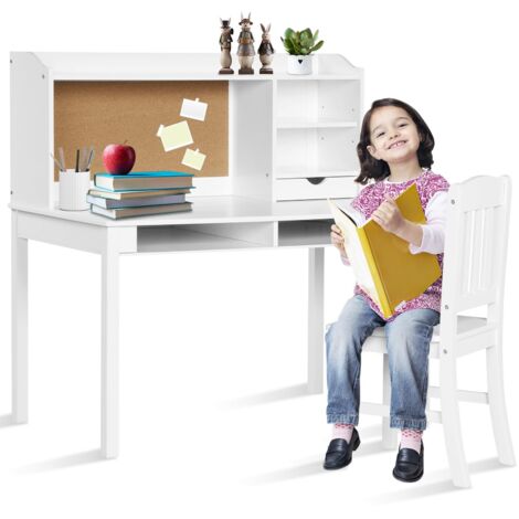 Scrivania per bambini con sedia, vassoio, Cassetti, ripiani, bacheca in sughero, postazione da scrivania per camera da letto, ufficio, soggiorno, bianco