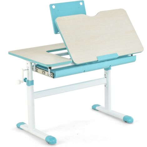 Scrivania per bambini regolabile in altezza con piano inclinabile cassetto e righello, Tavolo ergonomico Azzurro