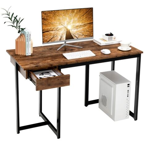 Scrivania per computer 120cm con cassetto, Scrivania per ufficio con struttura in metallo piedini regolabili Marrone