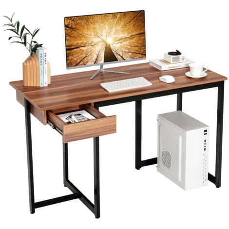 Scrivania per computer 120cm con cassetto, Scrivania per ufficio con struttura in metallo piedini regolabili Noce