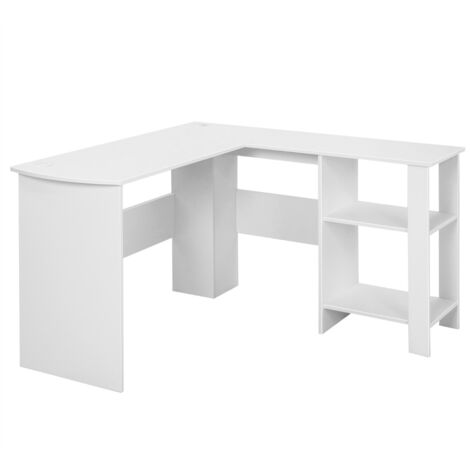 Scrivania per computer a forma di L, Scrivania ad angolo con 2 fori per cavi e 2 ripiani supporto per CPU Bianco